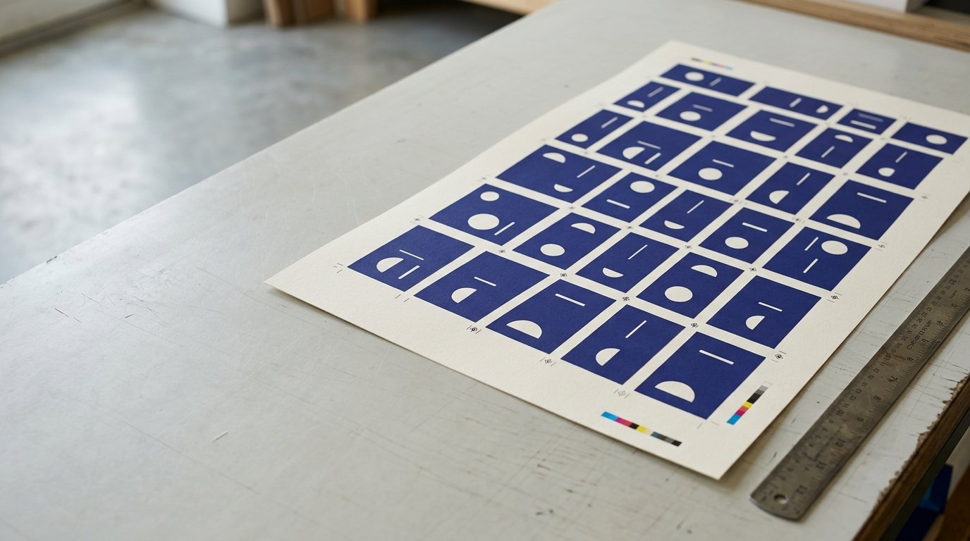 An indigo press sheet with colour bars on a work table.
