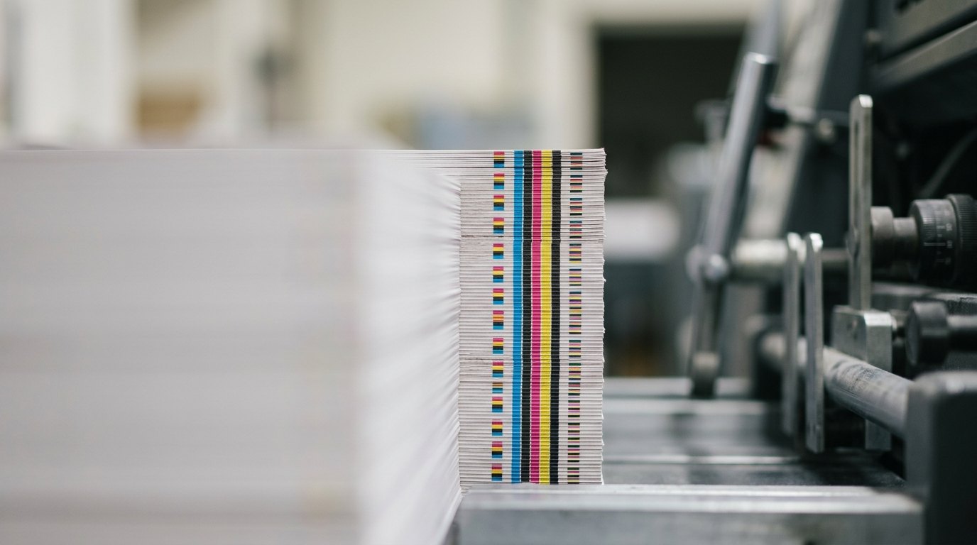 A trimmed stack of printed sheets with a colour bar on the edge.