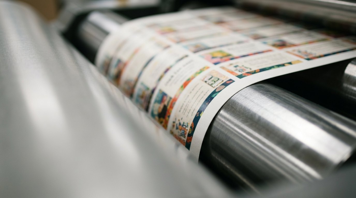 A printed sheet running over a steel press roller.